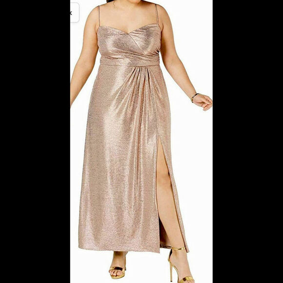 Women’s Formal Dress Plus Size 16W NIGHTWAY Gold Spaghetti Strap Maxi Sheath C18 - Picture 2 of 7